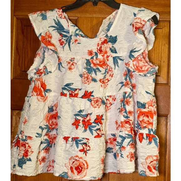 Francesca’s Floral Ruffle Peplum Top White Red Blue Size M - Picture 1 of 10
